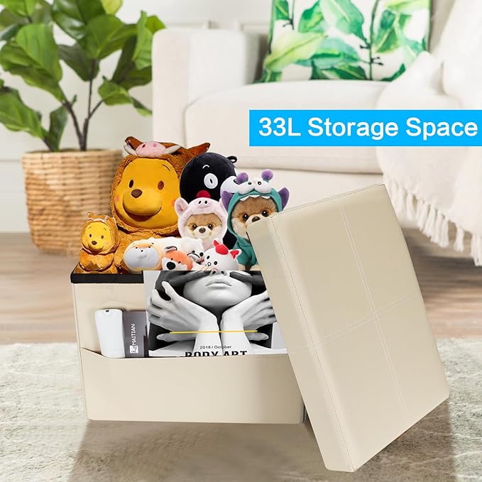 AmasSmile Storage Ottoman Folding Foot Rest Stool with Side Pocket, 16 inch Leather Footstool Bench, Short Ottoman Bench, Storage Foot Rest Store, Books (Beige-2)