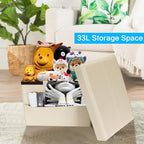AmasSmile Storage Ottoman Folding Foot Rest Stool with Side Pocket, 16 inch Leather Footstool Bench, Short Ottoman Bench, Storage Foot Rest Store, Books (Beige-2)