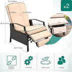 YITAHOME Outdoor Recliner Chair, 2-Piece Patio Adjustable Wicker Reclining Lounge Chairs, Dual-use Rattan Furniture Set with Soft Thick Cushions, Extended Footrest, Flip Back, Brown & Beige