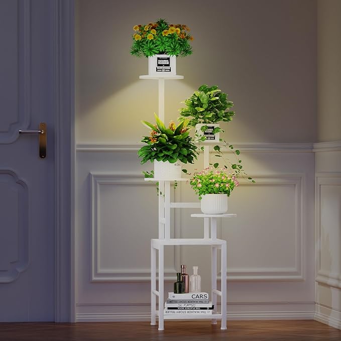 Plant Stand Indoor with Grow Light, 5-Tiered Tall Plant Stand Indoor, Metal Plant Shelf with Adjustable Light, Ideal for Living Room, Garden, Round Patio white