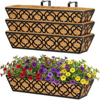 Y&M 24in Window Planter Box 4Pcs Iron Railing Planter with Coco Liner for Outdoor Balcony Rail, Fence, Porch, Patio