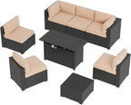 Aoxun 8 Piece Patio Furniture Set with 44” Fire Pit Table Wicker Rattan Patio Sectional Sofa Set Outdoor Seating Furniture with Thickened Cushion, Beige