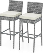 HAPPYGRILL Patio Wicker Barstools Set of 2, Outdoor Bar Height Chair w/Soft Seat Cushion & Cozy Footrest, Heavy-Duty Metal Frame, 400 lbs Max Load, Rattan Armless Bar Chairs