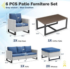 Belord 6 Piece Outdoor Furniture Patio Wicker Sofa Set, Oversize Outdoor Dining Chairs with Rattan Ottomans, Conversation Sets Patio Furniture Come with Removable Cushion Blue, Light Grey