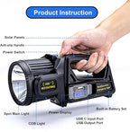 Rechargeable Spotlight Flashlight, Peascat 2,000,000L Lumens LED Handheld Spot Light, 350° Rotatable, 9 Modes, Solar & USB-C Charging, Waterproof, Emergency Flashlight for Camping, Outdoor, Car Repair