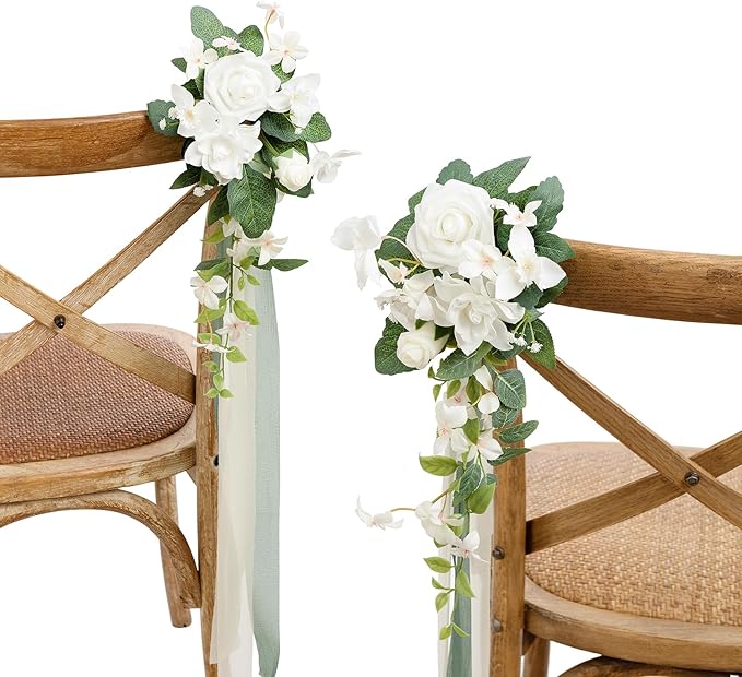 Artificial Flowers: 8 Pcs White and Sage Aisle Pew Decor for Weddings