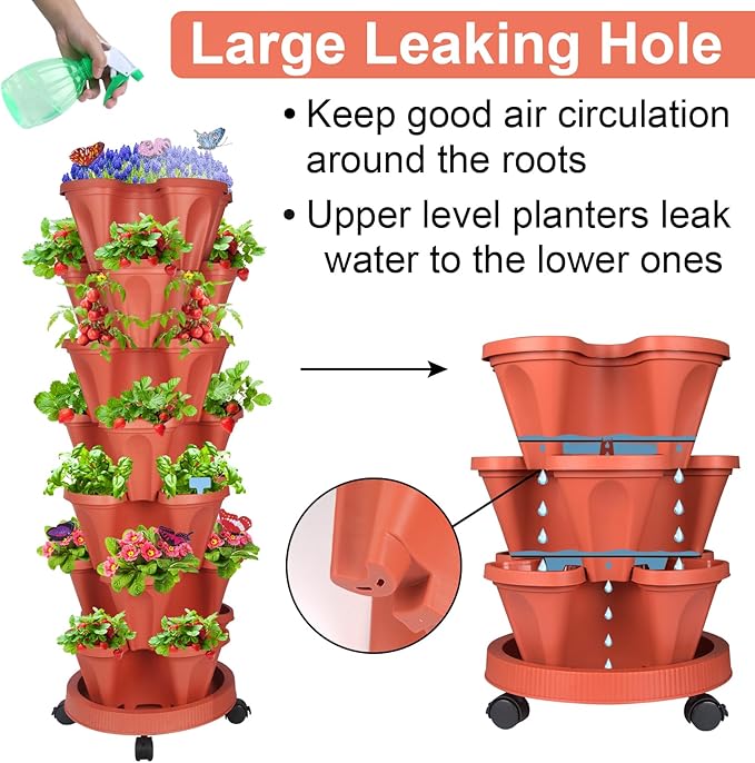 GameXcel Vertical Planter, 7 Tier Stackable Strawberry Planter with Garden Tool Set, Movable Indoor/Outdoor Garden Herb Pot for Growing Vegetables and Succulents, Red