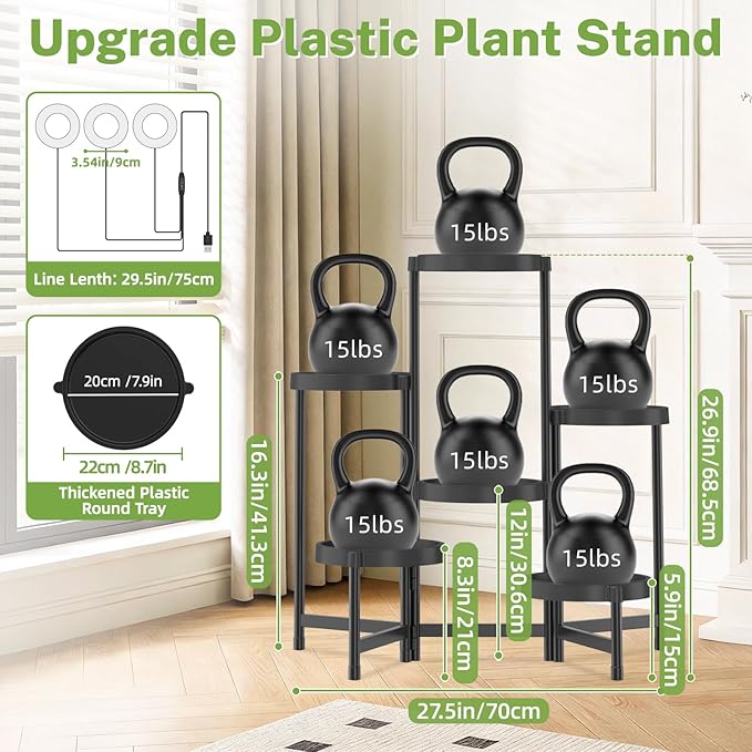 iDavosic.ly 6 Tier Folding Plant Stand Indoor Outdoor with Grow Light, Tiered Corner Flower Holder Shelf with Plastic Tray, Metal Orchid Display Rack for Patio Porch Living Room Garden Balcony, Black