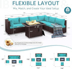 NICESOUL 7 Piece Outdoor Furniture Set with Firepit Natural Gas & Propane, Plus Size Big Modern Patio Conversation Couch, 29.3 High Back Comfy Sectional Sitting Group, Brown Rattan and Teal Cushoin