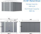 Greesum 8×10FT Outdoor Storage Shed, Metal Patio Storaged Sheds with Lockable Doors, Sheds & Outdoor Storage for Bike, Backyard, Pool and Garden, Gray