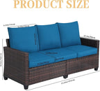 Rattan Outdoor Sofa 3-Seater - PE Woven Patio Couch with Waterproof Blue Cushions, Heavy-Duty Steel Frame for Garden, Poolside Outdoor Wicker Furniture