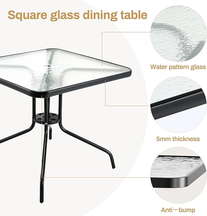 Arlopu 5 Piece Outdoor Patio Dining Set (Umbrella not Included), Porch Furniture with 4 Textline Chairs, 1 Square Glass Table for Garden, Backyard and Poolside, Lawn (Browm)