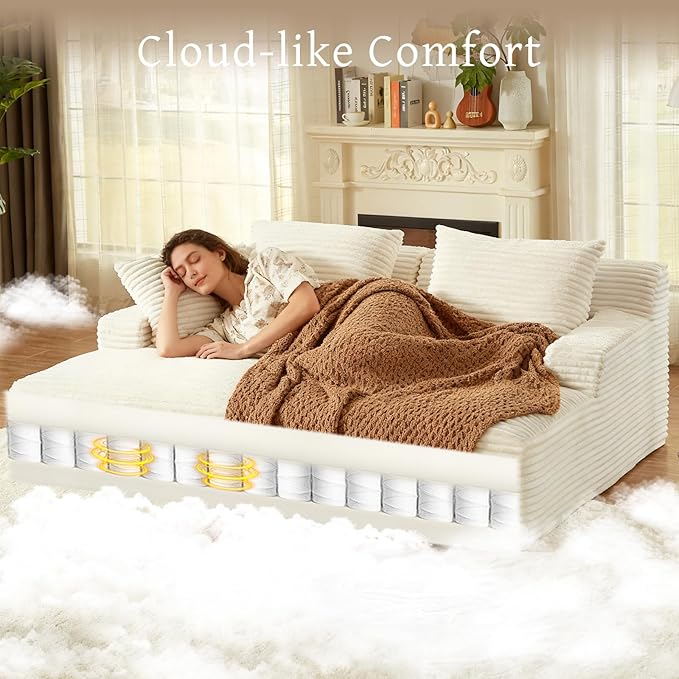 80" Double Chaise Lounge Chair Indoor, Oversized Boneless Couch Comfy Upholstered Sleeper Sofa Bed with 4 Pillows, Corduroy Cloud Loveseat Chair for Living Room No Assembly Required, White