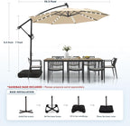wikiwiki 10ft Solar LED Patio Umbrella with Base Included, Offset Umbrella with Weighted Sandbag Base, Cantilever Patio Umbrellas for Backyard, Garden & Deck, 32 LED Lights & Polyester Shade, Beige