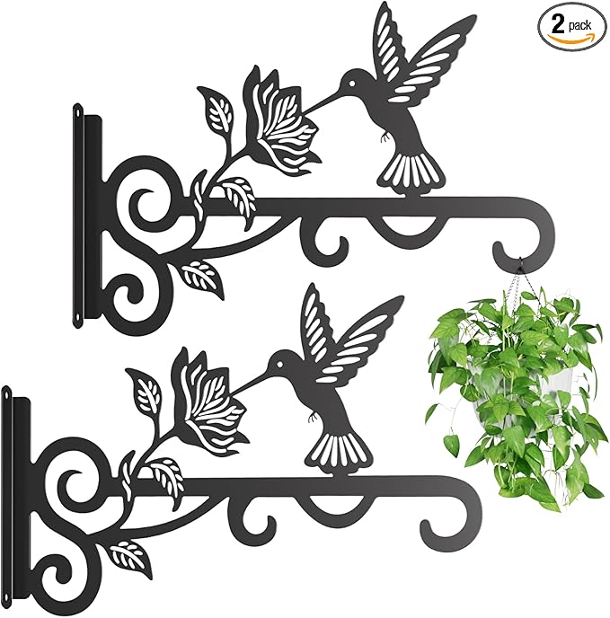 2-Pack Aesthetic Plant Hangers Outdoor – 10 Inch Metal Hanging Plant Bracket with Beautiful Hummingbird Pattern – Anti Rust Plant Hooks for Hanging Plants, Bird Feeder, Windchime, Lantern