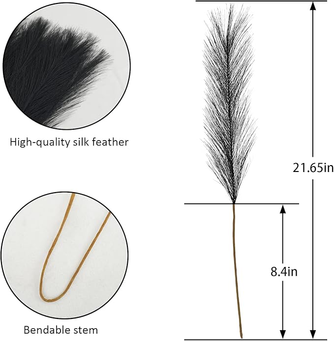 Artificial Pampas Grass Plumes, 50 Stems, 21.6 Inch, Black Faux Decor