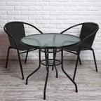 32in Outdoor Table Patio Dining Table Outdoor Dining Table with Umbrella Hole Round Tempered Glass for Yard Bistro Lawn Balcony