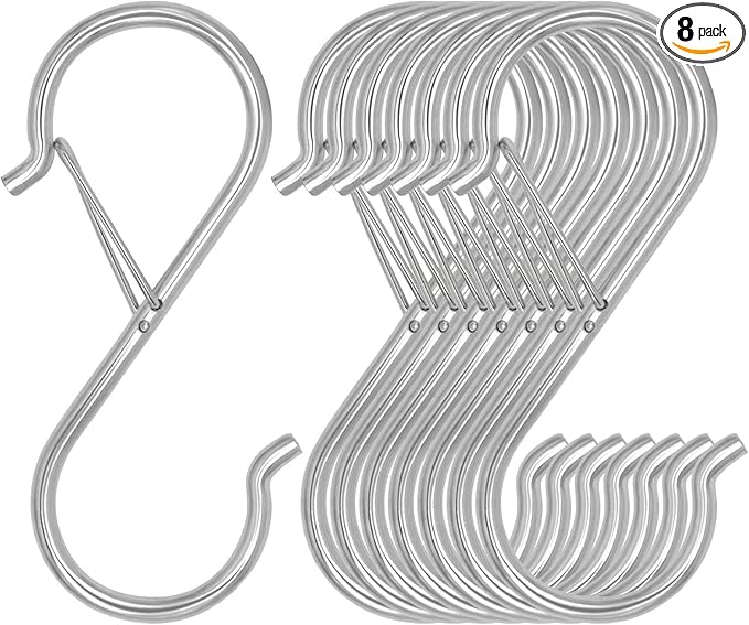 8 Pack S Hooks for Hanging, 3.5 inch Heavy Duty S Hooks with Safety Buckle S Shaped Hooks Kitchen Pot Rack Hooks Closet Hooks for Hanging Plants, Clothes, Kitchen Utensil, Bags (Silver)