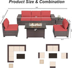 ALAULM 7 Pieces Patio Furniture Set with Fire Pit Table 55000BTU, Oversized Seat/Armrest and High Back Wicker Conversation Set with Thick Cushion for Backyard, Garden, (Red)