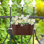 3 Pack Metal Railing Planters, 10.5" Oval Hanging Flower Pots with Detachable Hooks & Drainage Holes, Fits Rails up to 2.36", Galvanized Iron Fence Bucket for Balcony Garden Patio - Chocolate