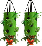 2 Pack Green Upside Down Tomato & Herb Planter, Outdoor Hanging Durable Aeration Fabric Strawberry Planter Bags