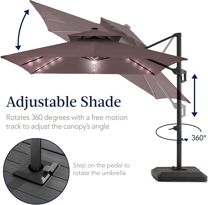 Best Choice Products 9x12ft LED Cantilever Patio Umbrella w/Base Included & 360° Rotation, Large Solar Offset Hanging Outdoor Sun Shade for Deck, Backyard Table w/Stand & Lights – Deep Taupe