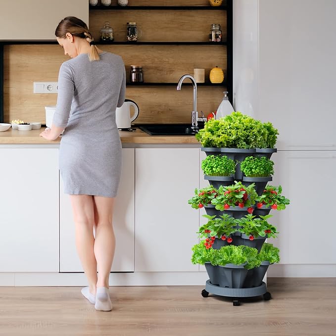 Strawberry Vertical Planters Tower Garden 3 Pack, 7 Tiered Stacking Herb Vegetable Planter with Support Pole Indoor and Outdoor - Dark Grey