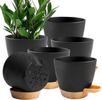 6-Pack Plant Pots with Drainage 7 Inch, Self Watering Pots for Indoor Plants, Planters for Indoor Outdoor Plants, Plastic Flower Pot, Planter for Indoor Outdoor (Black)