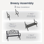 PHI VILLA 50-Inch Cast Iron Steel Frame Garden Bench Outdoor Patio Bench Chair w/Floral Design Backrest, Slatted Seat for Park, Yard & Porch, Black
