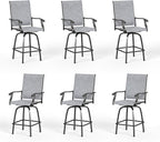 PHI VILLA Outdoor Swivel Patio Bar Stools Set of 6, 30 Inch Bar Height Tall Patio Chairs with Back & Armrest, Durable Textilene Fabric in Grey for Deck Lawn Garden