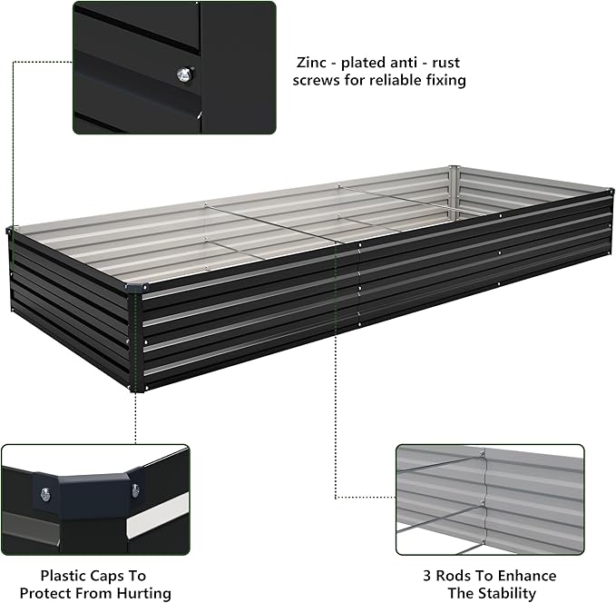10×3×1FT(2PCS) Galvanized Raised Garden Bed Kit, Metal Planter Boxes,Large Outdoor Planters Garden for Planting Vegetables,Flowers,Herbs -Black