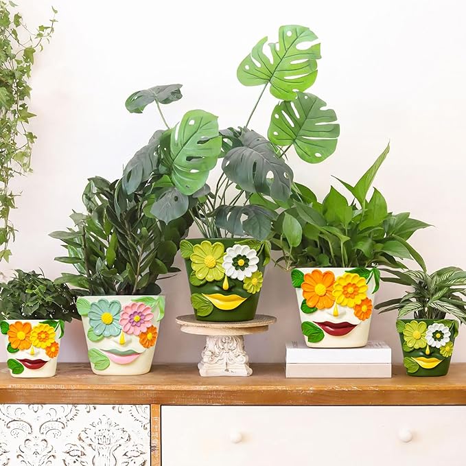 GUGUGO 8 Inch Large Flower Face Planters, Abstract Unique Head Plant Pot with Drainage, Rainbow Colorful Cute Flower Plant Pots for Indoor Plants, Funny Gardening Pot Gift Home Décor, Green&White