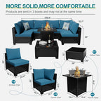 8 Piece Patio Furniture Set with Fire Pit Table, Rattan Outdoor Sectional Sofa, Durable Conversation Set for Backyard, Garden, Deck (Coffee/Peacock Blue)
