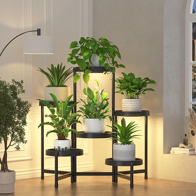iDavosic.ly 6 Tier Folding Plant Stand Indoor Outdoor with Grow Light, Tiered Corner Flower Holder Shelf with Plastic Tray, Metal Orchid Display Rack for Patio Porch Living Room Garden Balcony, Black