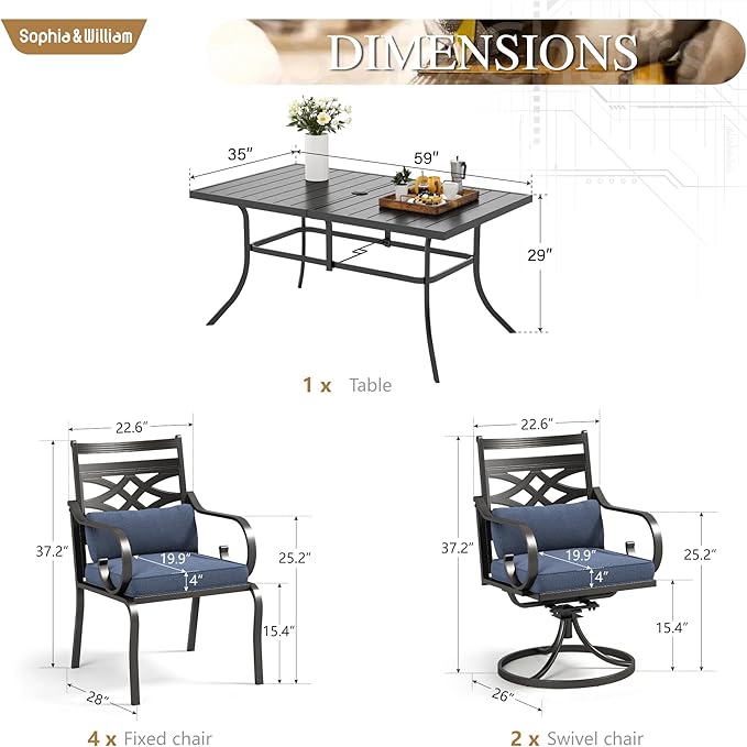 Sophia and William Outdoor Patio Dining Set for 6, Outdoor Table and Chairs, Removable Blue Seat Cushions, 4 Fixed，2 Swivel Chairs, 60" Black Patio Dining Table,Blue