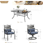 Sophia and William Outdoor Patio Dining Set for 6, Outdoor Table and Chairs, Removable Blue Seat Cushions, 4 Fixed，2 Swivel Chairs, 60" Black Patio Dining Table,Blue