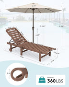 SERWALL Outdoor Chaise Lounge Set of 2 with 9FT Umbrella, HDPE Pool Lounge Chair with 5-Position Adjustable Backrest, Patio Lounger with Rolling Wheels & Cup Holder for Pool, Brown