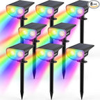 Kyosho IP67 Waterproof Color Solar Spot Lights Outdoor, Color Changing Outdoor Halloween Lights, RGBW Multicolor Solar Spotlight with 9 Modes for Lawn, Pathway, Yard, 8 Pack