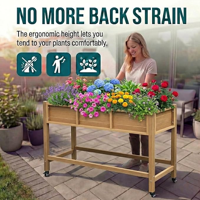 YITAHOME Raised Garden Bed HDPE, 47x18x31In Poly-Wood Weather-Resistant Raised Flower Bed, Elevated Planter Box with Lockable Wheels for Vegetables, Brown