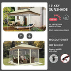 COBIZI 12x12 Pop Up Gazebo On Clearance - Upgrade Easy Up Metal Outdoor Canopy Waterproof - Portable Gazebo with Mosquito Nettings, 4 Ropes 8 Stakes and Carry Bag for Patio Garden(Khaki)