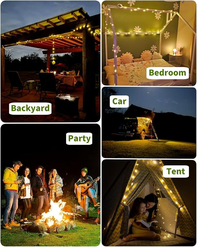 String Lights for Camping, Solar Powered, 150 Warm White LEDs