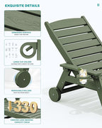 SERWALL Patio Chaise Lounge Chair Set of 2, 78'' Long 5-Positions Adjustable HDPE Outdoor Lounger for Pool, Poly Lounge Chair with Rolling Wheels & Cup Holder for Poolside, Deck, Avocado Green