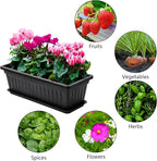 Fasmov 7 Pack 17 Inches Flower Window Box Plastic Vegetable Planters with Trays Vegetables Growing Container Garden Flower Plant Pot with 7 Pcs Plant Labels for Balcony, Patio, Garden, Black