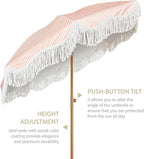 AMMSUN Boho Fringe Umbrella Outdoor Patio, 6.5ft UPF50+ Picnic Umbrella with Tassels with Steel Pole and Push Button Tilt, Pink Stripe