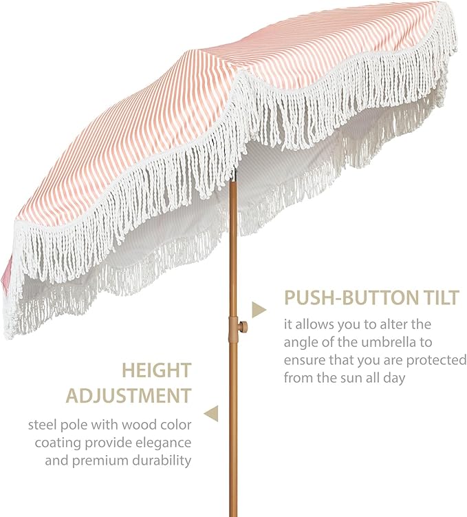AMMSUN Boho Fringe Umbrella Outdoor Patio, 6.5ft UPF50+ Picnic Umbrella with Tassels with Steel Pole and Push Button Tilt, Pink Stripe