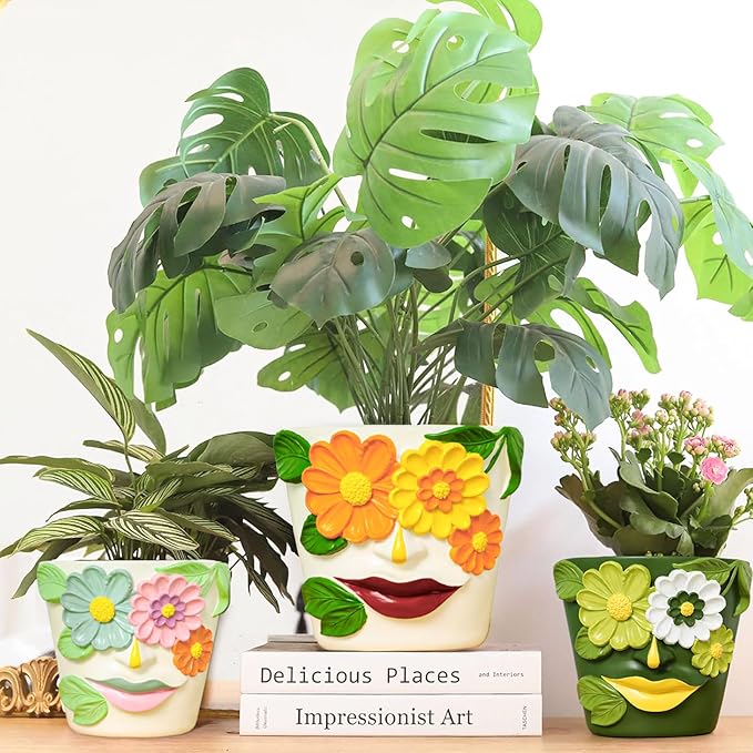 GUGUGO 8 Inch Large Flower Face Planters, Abstract Unique Head Plant Pot with Drainage, Rainbow Colorful Cute Flower Plant Pots for Indoor Plants, Funny Gardening Pot Gift Home Décor, Green&White