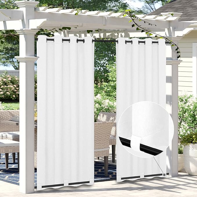 Easy-Going Linen Look Outdoor Curtains Waterproof Windproof Porch Curtains, Soft Thicken Outdoor Privacy Curtains for Patio, Gazebo, Grommet Top and Tab Bottom Drape, 2 Panels, 54x84 inch, White