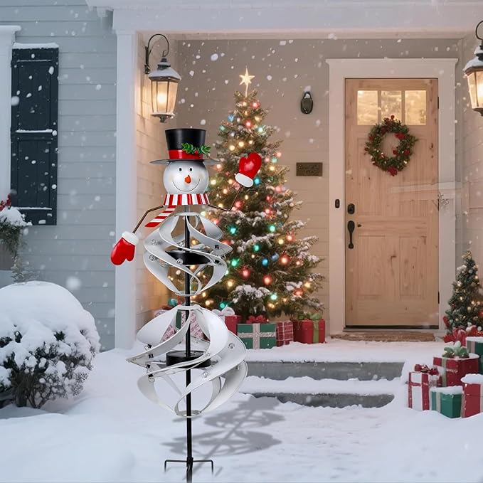 Outdoor Christmas Decorations Snowman Solar Wind Spinner Lighted Christmas Yard Stakes Outdoor Xmas Metal Wind Spinner Stake for Garden Lawn Pathway Party Decoration