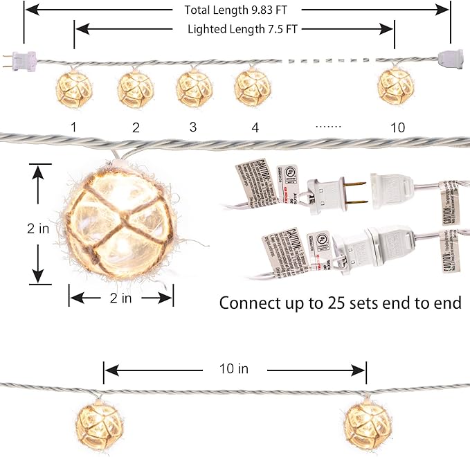 Indoor String Lights with 10 Clear Nautical Fish Float Balls, 9.83 ft