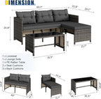 Vongrasig 3 Pieces Patio Furniture Sets, All-Weather Wicker Outdoor Sofa Couch Sectional Set, Small Conversation Set for Patio, Garden w/Cushion, Glass Table, (Grey)